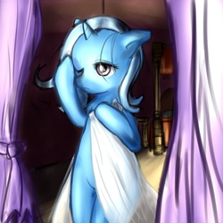 Size: 500x500 | Tagged: safe, artist:atticus83, trixie, pony, unicorn, g4, bipedal, female, floppy ears, legs together, mare, morning ponies, sheet, solo