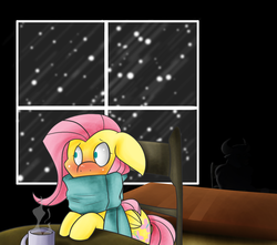 Size: 1223x1080 | Tagged: safe, artist:batlover800, fluttershy, iron will, minotaur, pegasus, pony, g4, clothes, female, floppy ears, male, mare, scarf, snow, snowfall, table, window