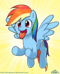 Size: 800x979 | Tagged: safe, artist:johnjoseco, rainbow dash, pegasus, pony, g4, the super speedy cider squeezy 6000, abstract background, female, flying, mare, solo, tongue out