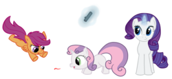 Size: 1520x700 | Tagged: safe, artist:soup, rarity, scootaloo, sweetie belle, pegasus, pony, unicorn, g4, behaving like a cat, female, filly, laser pointer, mare, simple background, transparent background