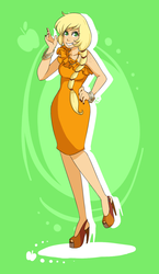 Size: 780x1341 | Tagged: safe, artist:ssenarrya, applejack, human, g4, abstract background, bracelet, clothes, dress, female, high heels, humanized, jewelry, shoes, smiling, solo