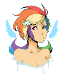 Size: 480x590 | Tagged: safe, artist:ssenarrya, rainbow dash, human, g4, alternate hairstyle, bare shoulders, female, humanized, makeover, simple background, solo, transparent background