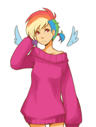 Size: 480x640 | Tagged: safe, artist:ssenarrya, rainbow dash, human, g4, clothes, female, humanized, pigtails, simple background, solo, sweater, transparent background
