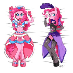 Size: 1200x1200 | Tagged: safe, artist:skykain, pinkie pie, earth pony, anthro, unguligrade anthro, g4, belly button, black underwear, blushing, body pillow, body pillow design, breasts, clothes, cute, diapinkes, dress, female, fishnet stockings, gala dress, looking at you, mare, midriff, on back, panties, saloon pinkie, skirt, solo, underwear, upskirt, white underwear