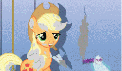 Size: 550x320 | Tagged: safe, screencap, applejack, rarity, earth pony, pony, unicorn, g4, it's about time, season 2, all new, animated, cement, cleaning, dam, female, gif, handkerchief, hub logo, leaves, magic, mare, mouth hold, shipping fuel, smiling, telekinesis, text, wiping
