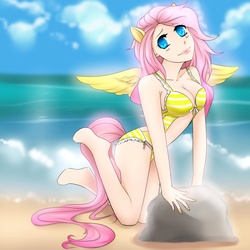 Size: 2000x2000 | Tagged: safe, artist:treacly, fluttershy, human, g4, beach, bikini, clothes, colored pupils, female, high res, humanized, solo, swimsuit, tailed humanization, winged humanization