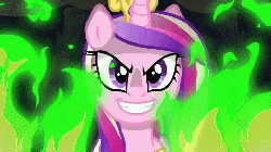 Size: 720x405 | Tagged: safe, screencap, queen chrysalis, alicorn, changeling, pony, a canterlot wedding, g4, season 2, animated, cel shading, disguise, disguised changeling, evil smile, fake cadance, female, fire, gif, looking at you, loop, mare, shading, solo