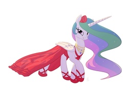 Size: 1158x814 | Tagged: safe, artist:carnifex, princess celestia, alicorn, pony, g4, :t, backlighting, bedroom eyes, clothes, dress, female, flower in hair, jewelry, looking at you, mare, necklace, raised hoof, rose, simple background, smiling, solo, white background