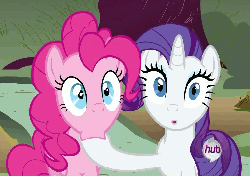 Size: 509x360 | Tagged: safe, edit, edited screencap, screencap, pinkie pie, rarity, earth pony, pony, unicorn, g4, putting your hoof down, season 2, :o, animated, dancing logo, duo, female, gif, hoof sucking, hub logo, looking at you, mare, marshmallow, nom, out of context, rarity is a marshmallow, wide eyes
