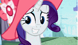Size: 474x274 | Tagged: safe, screencap, rarity, pony, unicorn, g4, season 2, sweet and elite, animated, bad poker face, female, forced smile, gif, hat, mare, poker face, smiling, solo