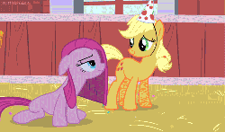 Size: 500x294 | Tagged: source needed, safe, edit, edited screencap, screencap, applejack, fluttershy, pinkie pie, rarity, earth pony, pegasus, pony, unicorn, g4, party of one, season 1, angry, animated, barn, female, gif, hat, image macro, mare, meme, party hat, pinkamena diane pie, reaction image, why