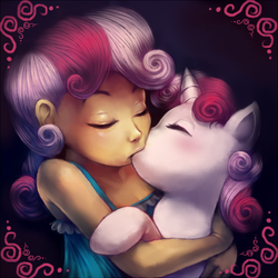 Size: 800x800 | Tagged: safe, artist:crookedtrees, artist:megasweet, sweetie belle, human, pony, unicorn, g4, duo, female, filly, human on pony action, human ponidox, humanized, humanized human on pony action, interspecies, interspecies selfcest, kiss on the lips, kissing, lesbian, self ponidox, selfcest, shipping, sweetcest, sweetiebelles