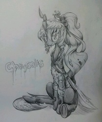 Size: 945x1133 | Tagged: safe, artist:discommunicator, queen chrysalis, changeling, changeling queen, g4, alternate hairstyle, clothes, female, looking at you, monochrome, sitting, smiling, solo, traditional art