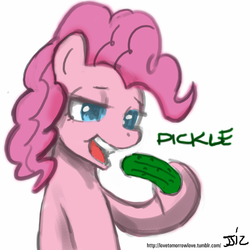 Size: 805x805 | Tagged: safe, artist:johnjoseco, pinkie pie, earth pony, pony, g4, eating, female, herbivore, mare, one word, pickle, solo