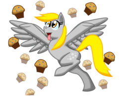 Size: 1024x791 | Tagged: safe, artist:thelonecrow, derpy hooves, pegasus, pony, g4, female, mare, muffin, simple background, solo, spread wings, transparent background, wings