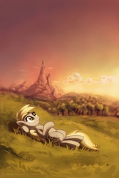 Size: 800x1200 | Tagged: safe, artist:kp-shadowsquirrel, derpy hooves, pegasus, pony, g4, color porn, cute, female, mare, on back, scenery, solo, sweet dreams fuel