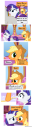 Size: 1700x6661 | Tagged: source needed, safe, artist:navitaserussirus, applejack, rarity, earth pony, pony, unicorn, g4, blushing, carousel boutique, choking, comic, eye contact, female, lesbian, lip bite, looking at each other, mare, measuring tape, ship:rarijack, shipping