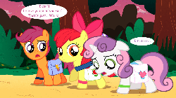 Size: 1280x720 | Tagged: safe, artist:jan, apple bloom, scootaloo, sweetie belle, earth pony, pegasus, pony, unicorn, ask the crusaders, vocational death cruise, g4, animated, apology, bow, cloud, confused, cutie mark crusaders, dialogue, female, filly, floppy ears, flower, gif, hair bow, implied urine, implied wetting, map, poison joke, sad, saddle bag, scared, smiling, speech bubble, sunset, text, walking
