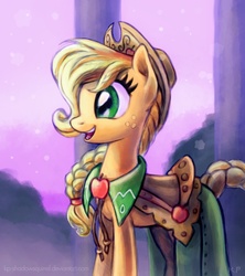 Size: 1000x1125 | Tagged: safe, artist:kp-shadowsquirrel, applejack, earth pony, pony, g4, the best night ever, clothes, dress, female, gala dress, happy, mare, open mouth, smiling, solo