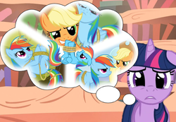 Size: 650x450 | Tagged: artist needed, safe, applejack, rainbow dash, twilight sparkle, earth pony, pegasus, pony, unicorn, g4, female, golden oaks library, implied appledash, implied bondage, implied lesbian, implied shipping, mare, out of context, rainbond dash, rope, shipper on deck, thought bubble, worried