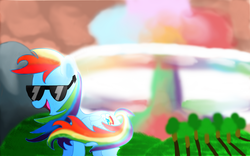 Size: 2500x1563 | Tagged: safe, artist:mattawesome94, rainbow dash, pegasus, pony, g4, backlighting, cool guys don't look at explosions, explosion, female, mare, rainbow nuke, solo, sunglasses