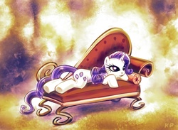 Size: 1000x731 | Tagged: safe, artist:kp-shadowsquirrel, rarity, pony, unicorn, g4, abstract background, couch, fainting couch, female, mare, prone, solo