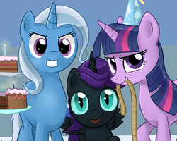 Size: 1280x1024 | Tagged: safe, artist:gsphere, trixie, twilight sparkle, oc, oc:nyx, alicorn, pony, unicorn, fanfic:past sins, g4, alicorn oc, cake, candle, female, filly, hat, looking at you, mare, mouth hold, party hat, rope, trio