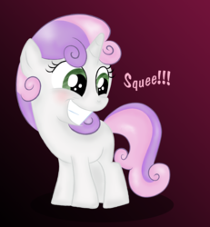 Size: 2400x2600 | Tagged: safe, artist:martybpix, sweetie belle, pony, unicorn, g4, female, filly, gradient background, grin, high res, looking back, smiling, solo, squee