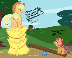 Size: 1200x959 | Tagged: safe, artist:php27, applejack, scootaloo, earth pony, pegasus, pony, g4, duo, female, filly, hay bale, mare, orange mane, orange skin