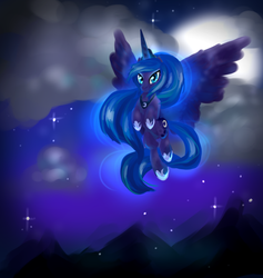 Size: 960x1011 | Tagged: safe, artist:idiosyncracies, princess luna, alicorn, pony, g4, female, flying, mare, night, solo, stars