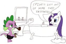 Size: 1086x736 | Tagged: safe, artist:schluberlubs, rarity, spike, dragon, pony, unicorn, g4, bath, beer, duo, female, male, mare, pipe, ralph pootawn, wet, wet mane, wet mane rarity