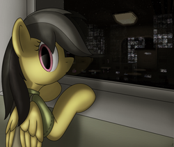 Size: 877x741 | Tagged: source needed, safe, artist:tg-0, daring do, pegasus, pony, g4, bipedal, bipedal leaning, city, female, leaning, mare, night, reflection, solo, window