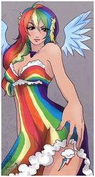 Size: 454x845 | Tagged: safe, artist:songoftheshoebox, rainbow dash, human, g4, breasts, clothes, dress, female, gala, gala dress, humanized, side slit, skinny, solo, thin, winged humanization