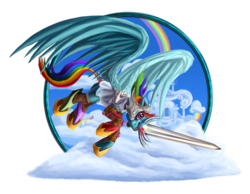 Size: 1024x795 | Tagged: safe, artist:tsitra360, rainbow dash, pegasus, pony, g4, armor, female, flying, mare, mouth hold, simple background, solo, sword, transparent background, weapon