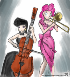 Size: 909x1000 | Tagged: safe, artist:johnjoseco, artist:michos, octavia melody, pinkie pie, human, g4, cello, clothes, dress, duo, female, humanized, musical instrument, pink, trombone