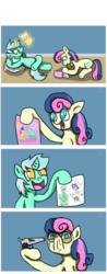 Size: 510x1300 | Tagged: safe, artist:pcjoyce, bon bon, lyra heartstrings, sweetie drops, earth pony, pony, unicorn, g4, 4koma, bon bon is not amused, comic, duo, female, gun, humie, mare, no pupils, weapon