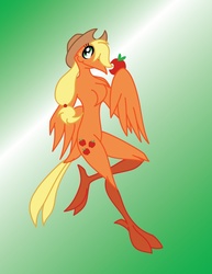 Size: 850x1100 | Tagged: safe, artist:thelonecrow, applejack, bird, phoenix, g4, apple, birdified, female, food, gradient background, solo, species swap