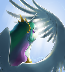 Size: 720x800 | Tagged: safe, artist:jiayi, princess celestia, alicorn, pony, g4, female, mare, rear view, solo, sun, wings