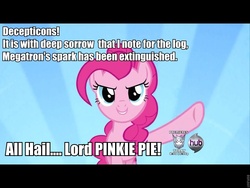 Size: 960x720 | Tagged: safe, edit, edited screencap, screencap, pinkie pie, earth pony, pony, a friend in deed, g4, season 2, blue eyes, decepticon, determined smile, female, hub logo, hubble, image macro, impact font, letterboxing, mare, meme, pink coat, pink fur, pink hair, pink mane, pink pony, poofy hair, poofy mane, raised hoof, roflbot, smile smile smile, smile song, smiling, solo, sunburst background, text, the hub, transformers
