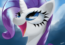 Size: 2500x1750 | Tagged: safe, artist:teknibaal, rarity, pony, unicorn, g4, amazed, bust, female, looking up, mare, open mouth, portrait, smiling, solo, three quarter view, wahaha