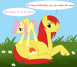Size: 900x780 | Tagged: safe, artist:cartoonlion, fluttershy, sunburst (g1), earth pony, pegasus, pony, g1, g4, family, father, father and daughter, female, filly, foal, grass, male, prone, stallion