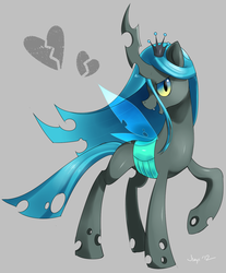 Size: 1118x1353 | Tagged: dead source, safe, artist:jiayi, queen chrysalis, changeling, changeling queen, g4, blue changeling, fangs, female, frown, raised hoof, signature, simple background, smiling, solo, standing