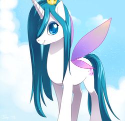 Size: 600x584 | Tagged: safe, artist:jiayi, queen chrysalis, oc, oc only, oc:papillon, flutter pony, pony, g4, cute, cutealis, female, flutter pony alicorn, hair over one eye, princess chrysalis, solo