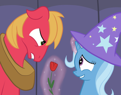 Size: 1942x1525 | Tagged: safe, artist:manateemckenzie, big macintosh, trixie, earth pony, pony, unicorn, g4, angry, duo, ears back, eye contact, female, looking at each other, magic, male, mare, rose, shipping, stallion, straight, trixmac, unsure