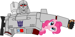 Size: 885x442 | Tagged: artist needed, safe, pinkie pie, earth pony, pony, g4, duo, female, food, hot dog, mare, meat, megatron, sausage, simple background, transformers, transparent background
