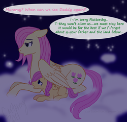 Size: 866x828 | Tagged: dead source, safe, artist:cartoonlion, fluttershy, posey, pegasus, pony, g1, g4, cloud, family, female, filly, foal, lying down, lying on a cloud, mare, mother and daughter, night, on a cloud, prone, race swap, sad, speech bubble, wing blanket, wings