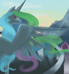 Size: 650x700 | Tagged: dead source, safe, artist:bi-polaroid, princess celestia, alicorn, pony, g4, female, looking back, mare, rear view, solo, spread wings, wings