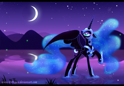 Size: 1360x945 | Tagged: safe, artist:b-pegasi, nightmare moon, alicorn, pony, g4, female, looking back, mare, moon, night, reflection, solo, stars, water