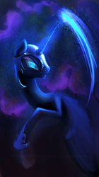Size: 561x1000 | Tagged: safe, artist:discordthetrollest, nightmare moon, alicorn, pony, g4, female, flying, looking back, mare, solo