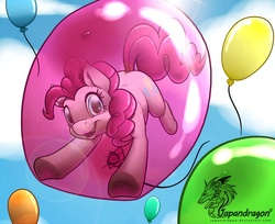 Size: 900x733 | Tagged: safe, artist:chubby-kirin, pinkie pie, earth pony, pony, g4, balloon, bottled character, bubble, cloud, female, how, mare, pinkie being pinkie, pinkie pie trapped in a balloon, sky, smiling, solo, then watch her balloons lift her up to the sky, underhoof